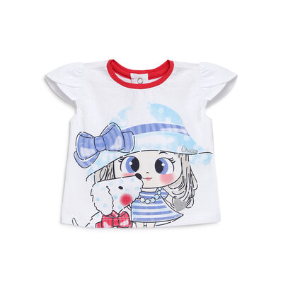Girls White Printed Short Sleeve T-shirt